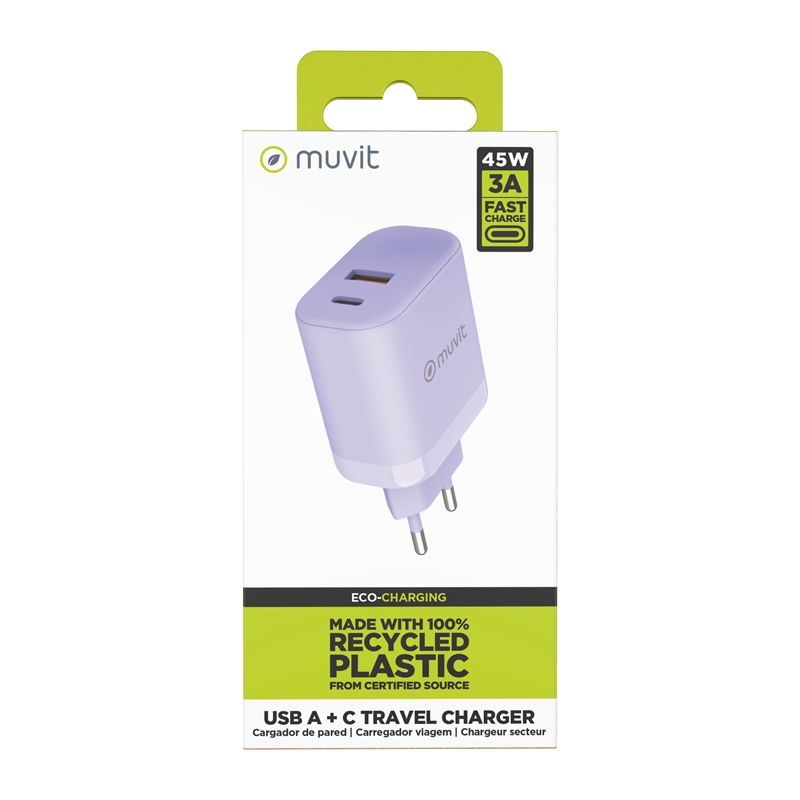 muvit for change wall charger 1 USB 36W+1 USB Type-C PD 45W lavender