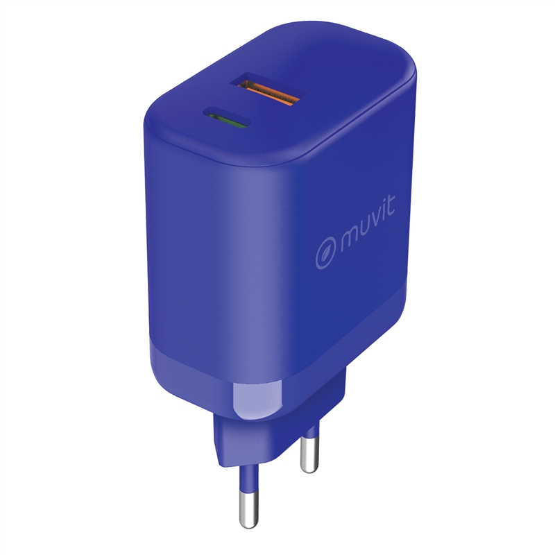 muvit for change wall charger 1 USB 36W+1 Type C PD 45W blue