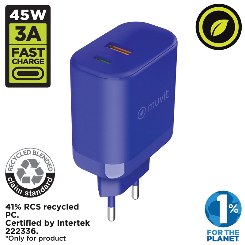 muvit for change wall charger 1 USB 36W+1 Type C PD 45W blue