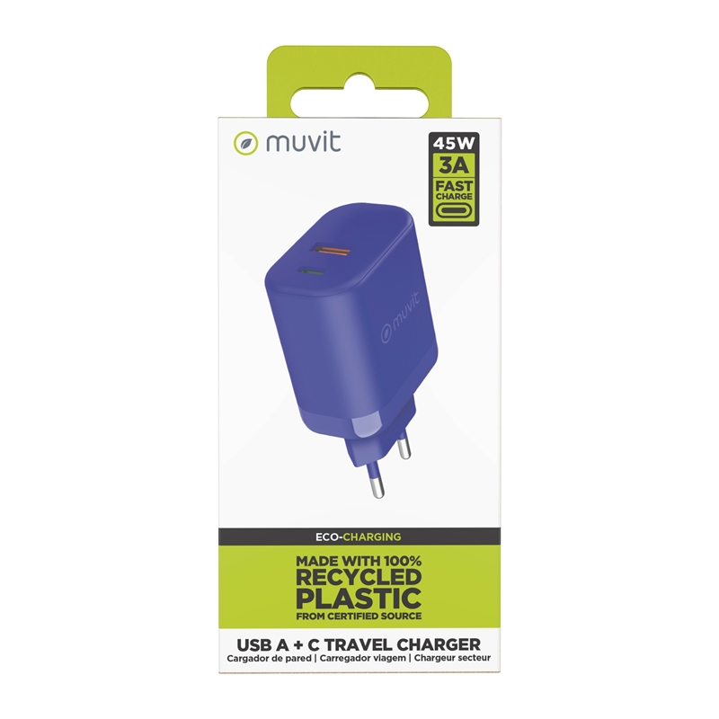muvit for change wall charger 1 USB 36W+1 Type C PD 45W blue