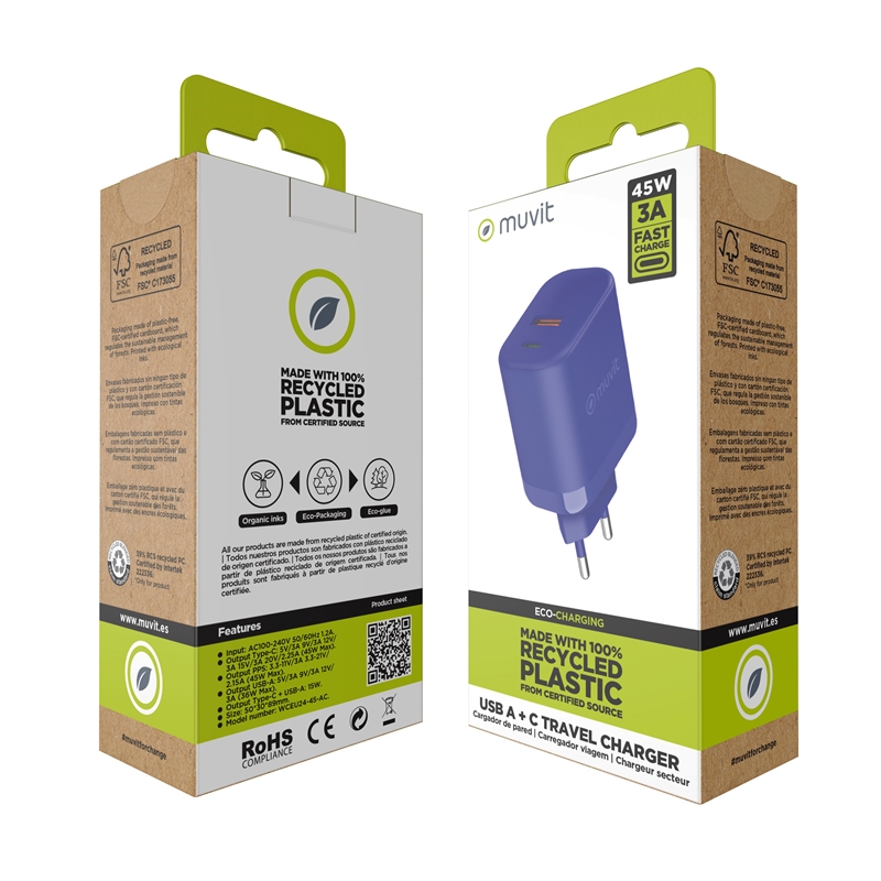 muvit for change wall charger 1 USB 36W+1 Type C PD 45W blue