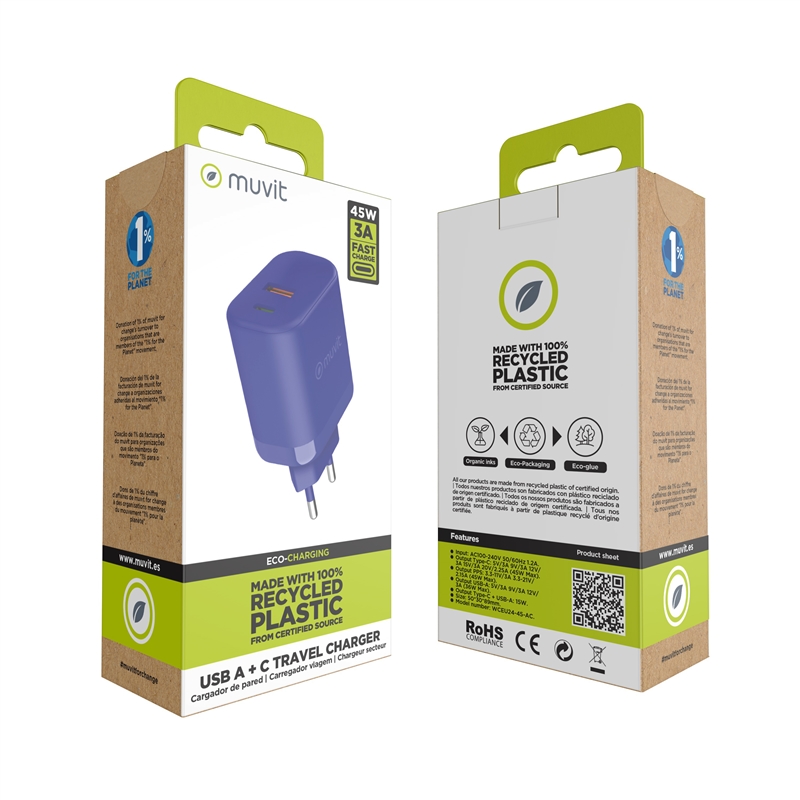 muvit for change wall charger 1 USB 36W+1 Type C PD 45W blue