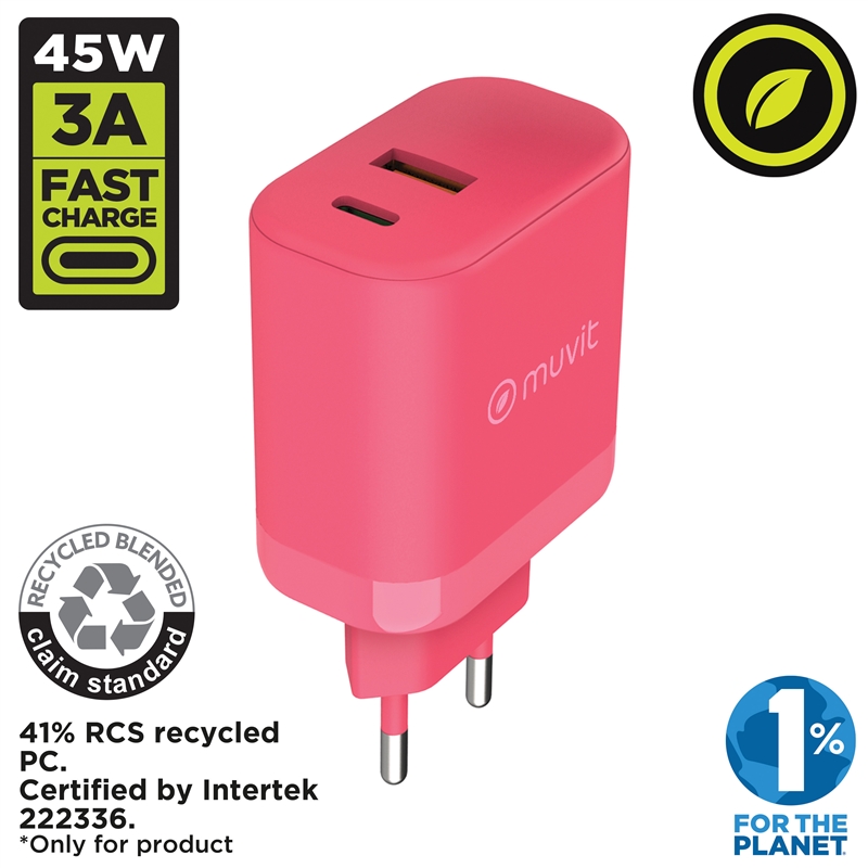 muvit for change wall charger 1 USB 36W+1 Type C PD 45W     magenta