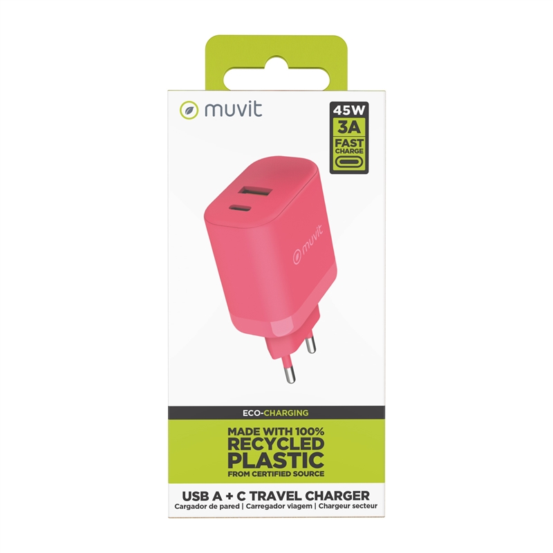 muvit for change wall charger 1 USB 36W+1 Type C PD 45W     magenta