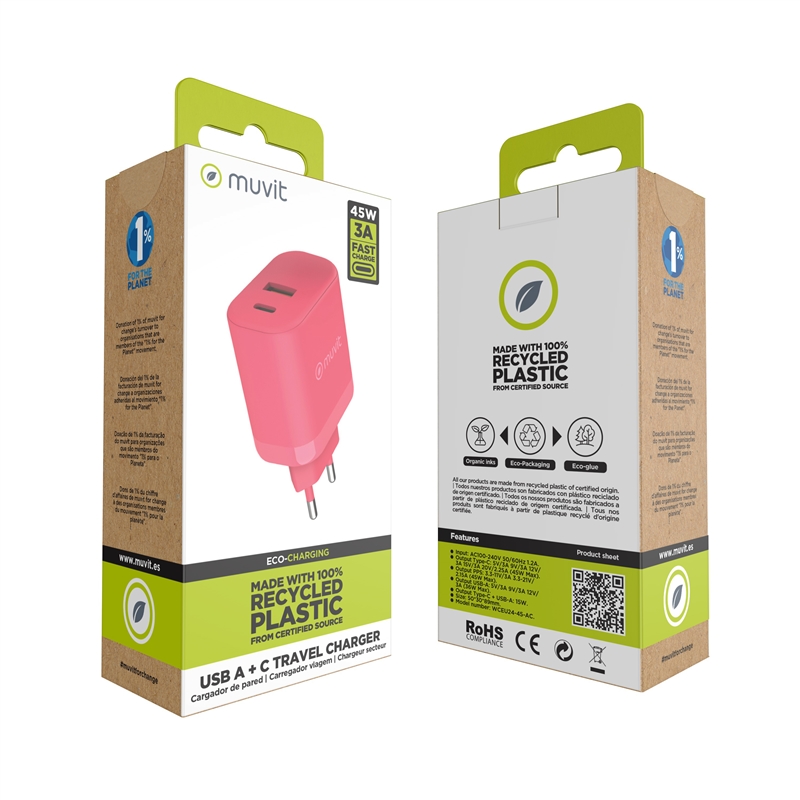 muvit for change wall charger 1 USB 36W+1 Type C PD 45W     magenta