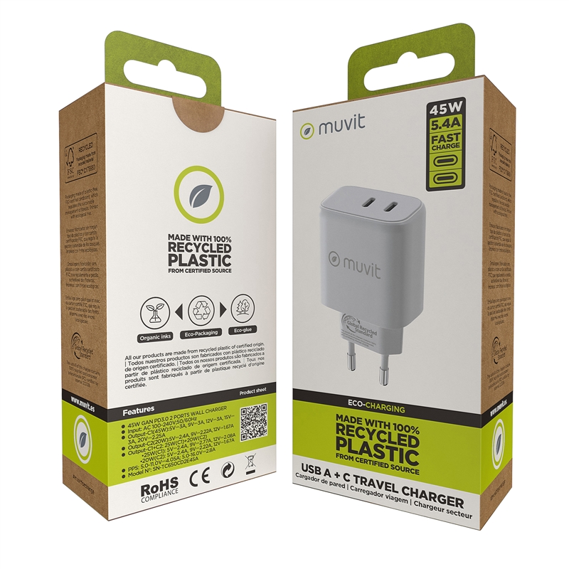 muvit for change wall charger 1 x Type C PD 45W + 1 x Type C PD 20W white
