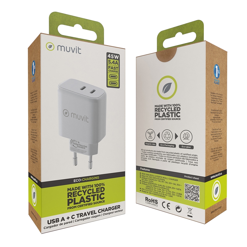 muvit for change wall charger 1 x Type C PD 45W + 1 x Type C PD 20W white