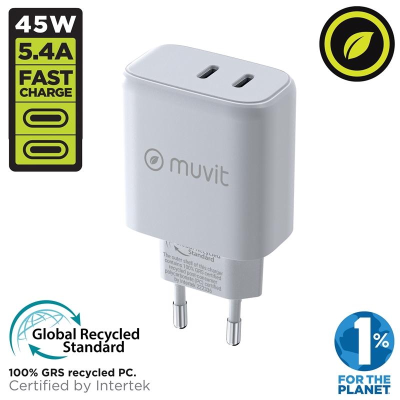 muvit for change wall charger 1 x Type C PD 45W + 1 x Type C PD 20W white