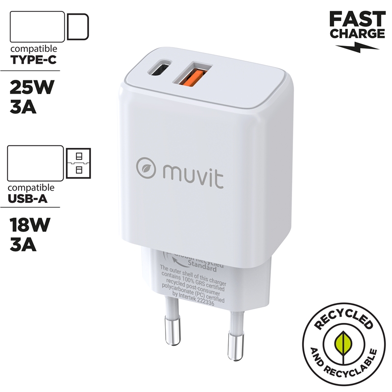 muvit for change wall charger 1 USB QC 3.0 18W + 1 Type C PD25W white