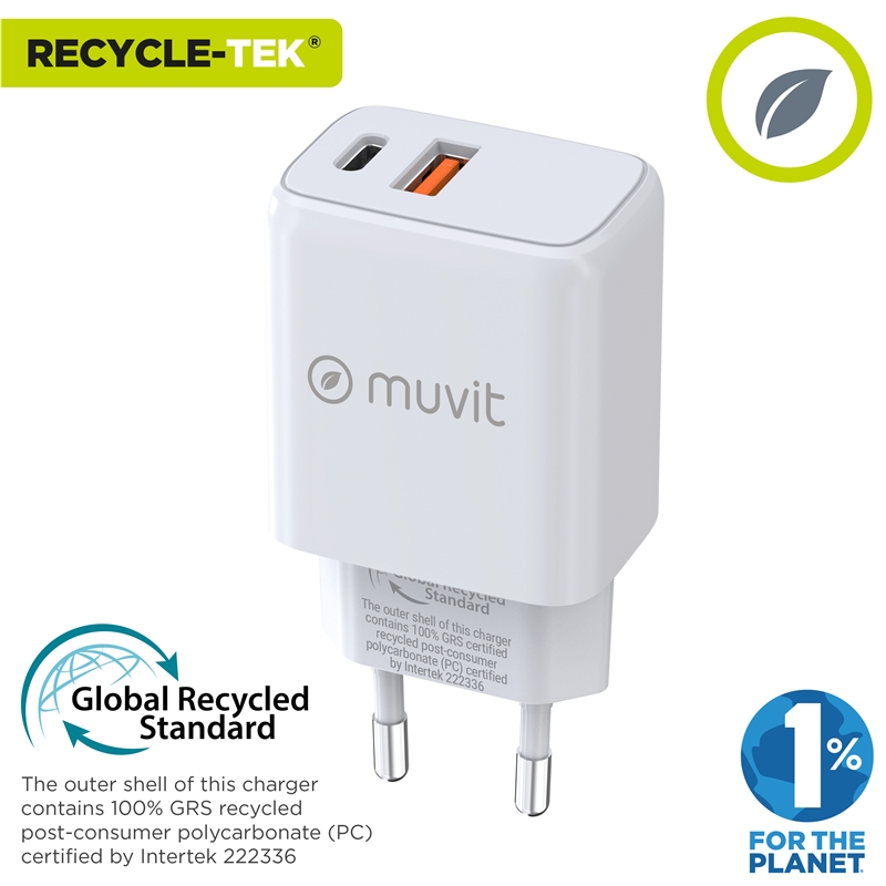 muvit for change wall charger 1 USB QC 3.0 18W + 1 Type C PD25W white