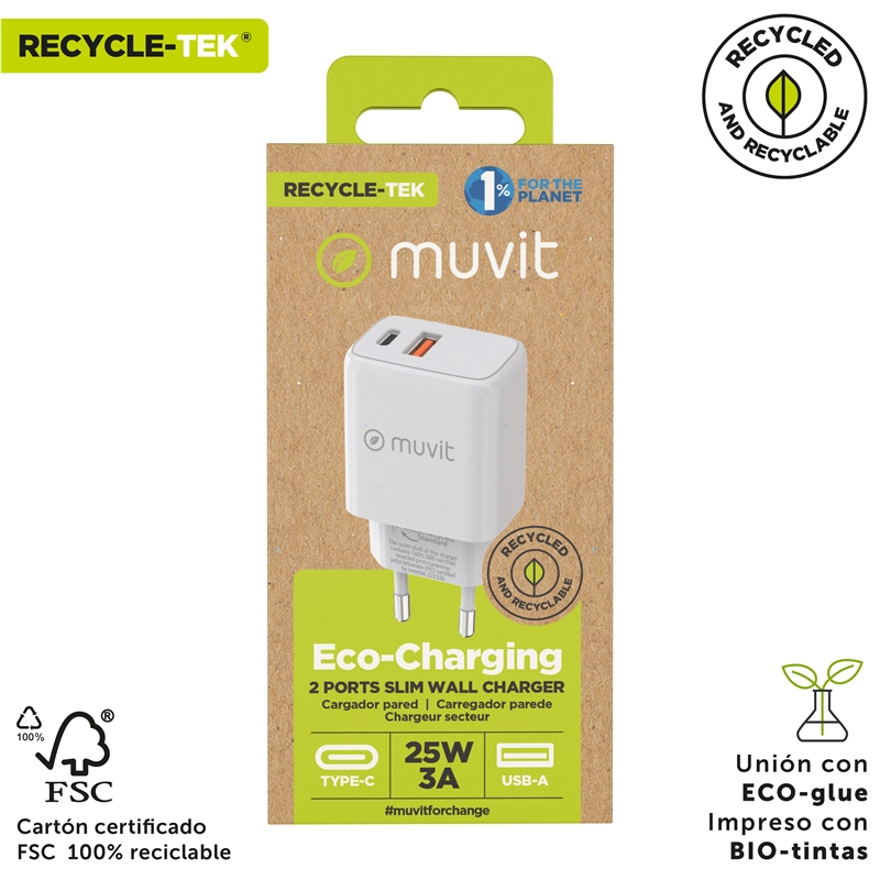 muvit for change wall charger 1 USB QC 3.0 18W + 1 Type C PD25W white