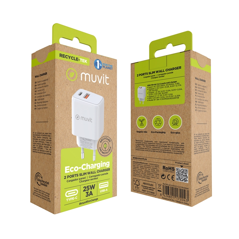 muvit for change wall charger 1 USB QC 3.0 18W + 1 Type C PD25W white