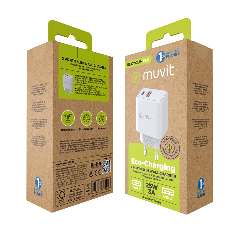 muvit for change wall charger 1 USB QC 3.0 18W + 1 Type C PD25W white