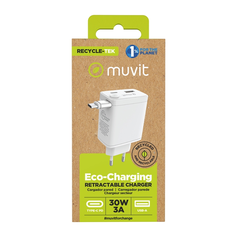 muvit for change cargador de pared Retráctil Tipo C PD 30W blanco