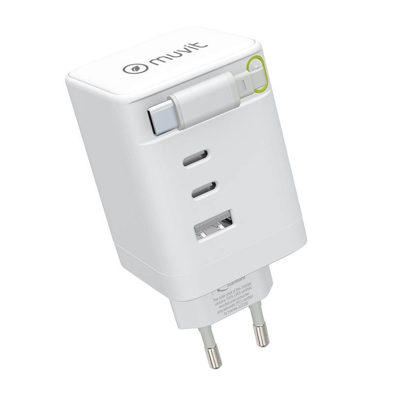 muvit for change cargador de pared Retráctil Tipo C PD 100W,2 USB-C y 1 USB blanco