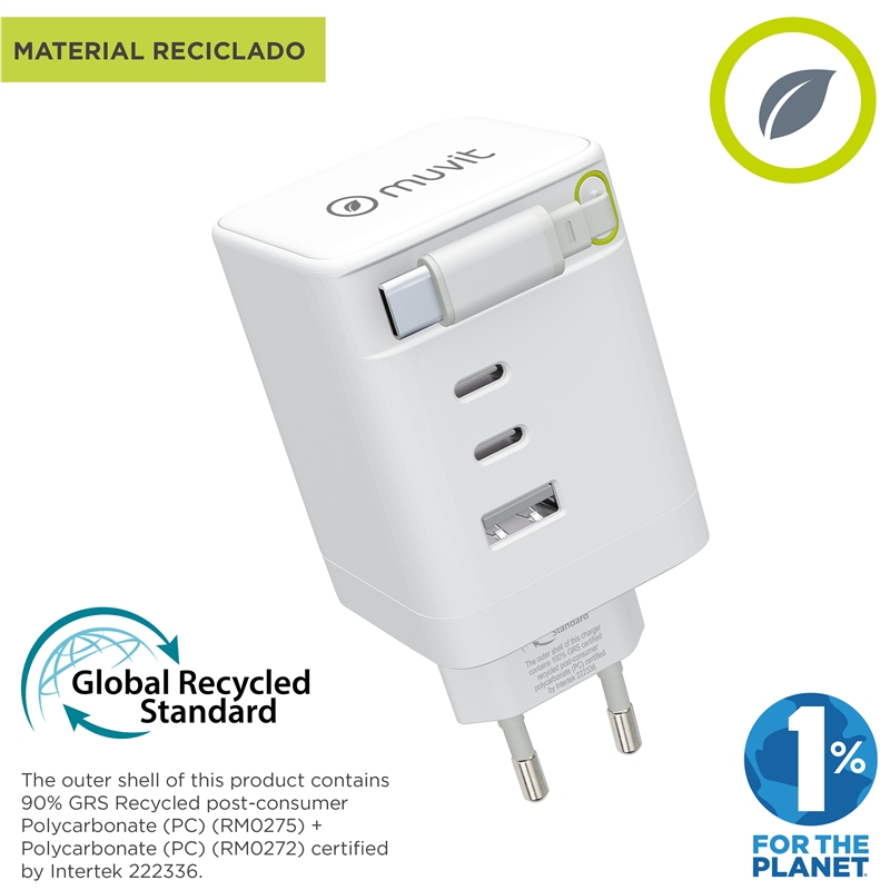 muvit for change cargador de pared Retráctil Tipo C PD 100W,2 USB-C y 1 USB blanco