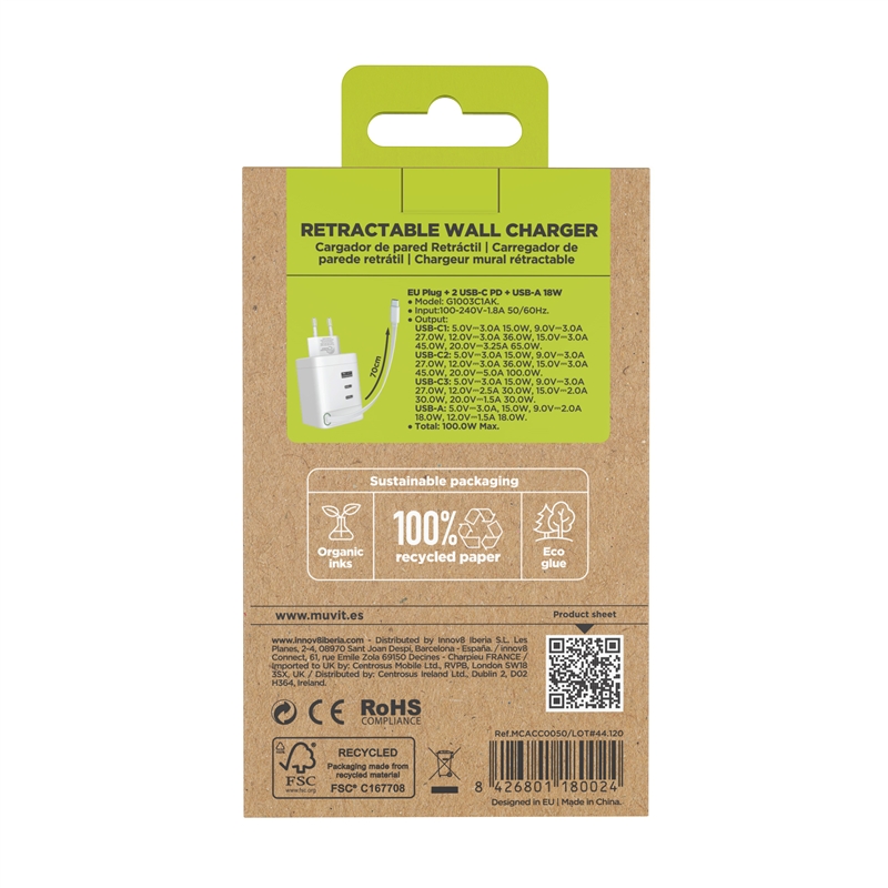 muvit for change cargador de pared Retráctil Tipo C PD 100W,2 USB-C y 1 USB blanco