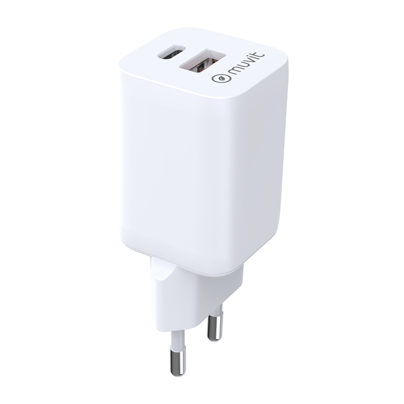muvit for change wall charger: 1 USB QC 3.0 18W + 1 USB-C PD 30W, white, BiooFnix