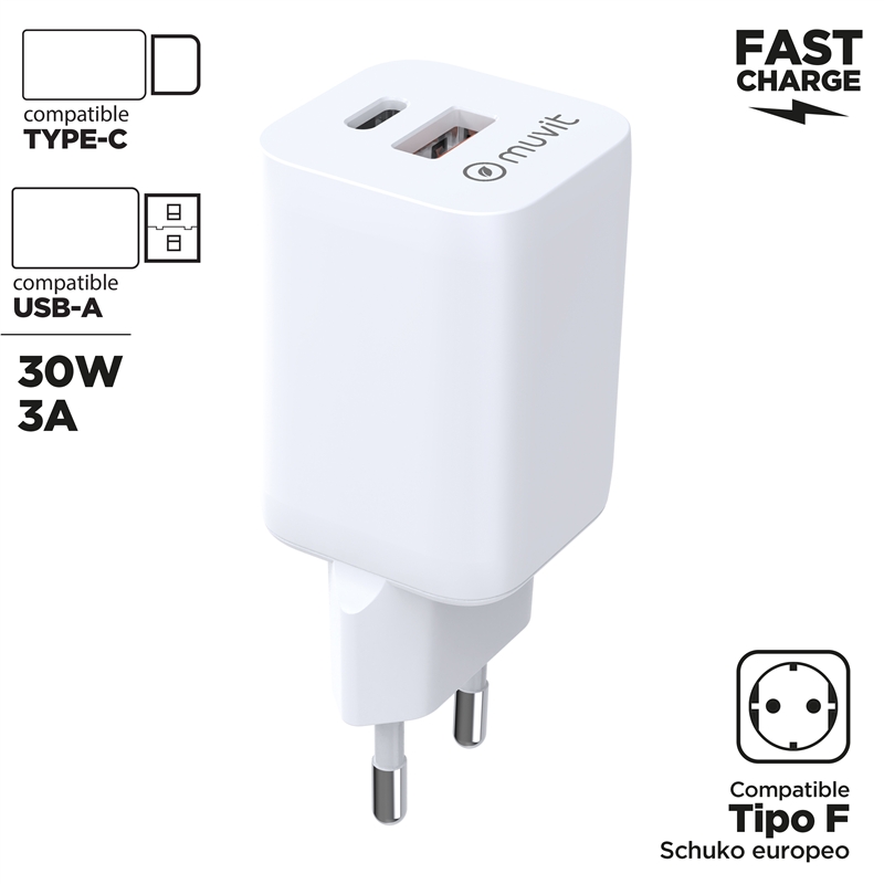 muvit for change wall charger: 1 USB QC 3.0 18W + 1 USB-C PD 30W, white, BiooFnix