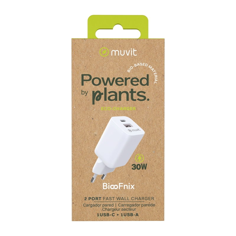 muvit for change wall charger: 1 USB QC 3.0 18W + 1 USB-C PD 30W, white, BiooFnix