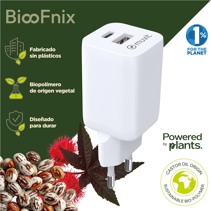 muvit for change wall charger: 1 USB QC 3.0 18W + 1 USB-C PD 30W, white, BiooFnix