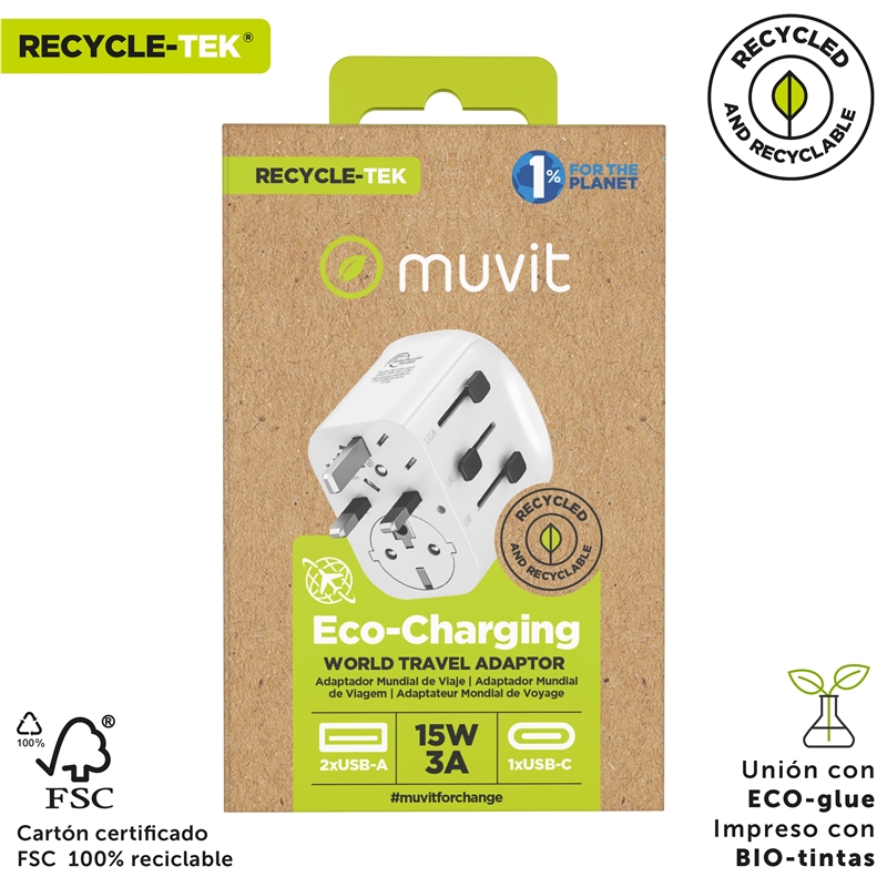 muvit for change adaptador Universal de viaje 2 USB-A + USB-C 15W