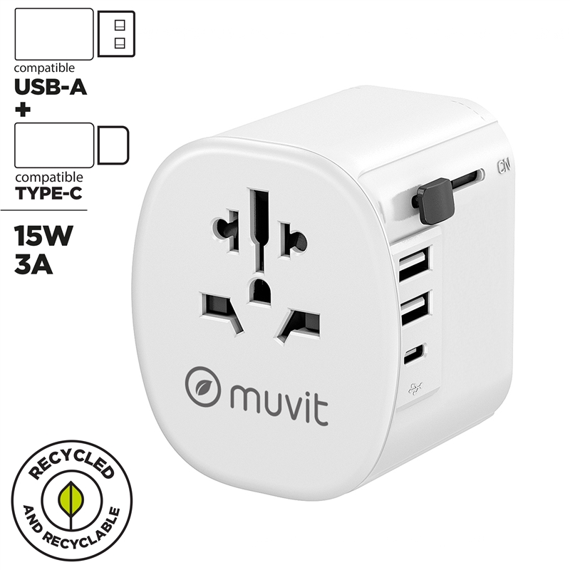 muvit for change adaptador Universal de viaje 2 USB-A + USB-C 15W