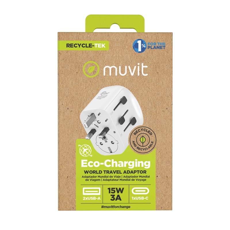 muvit for change adaptador Universal de viaje 2 USB-A + USB-C 15W