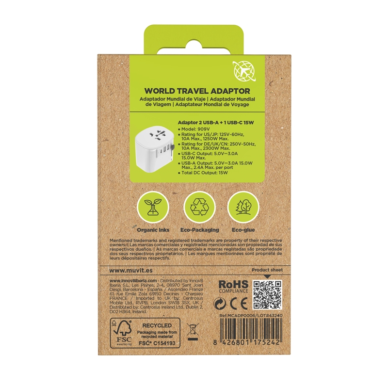 muvit for change adaptador Universal de viaje 2 USB-A + USB-C 15W