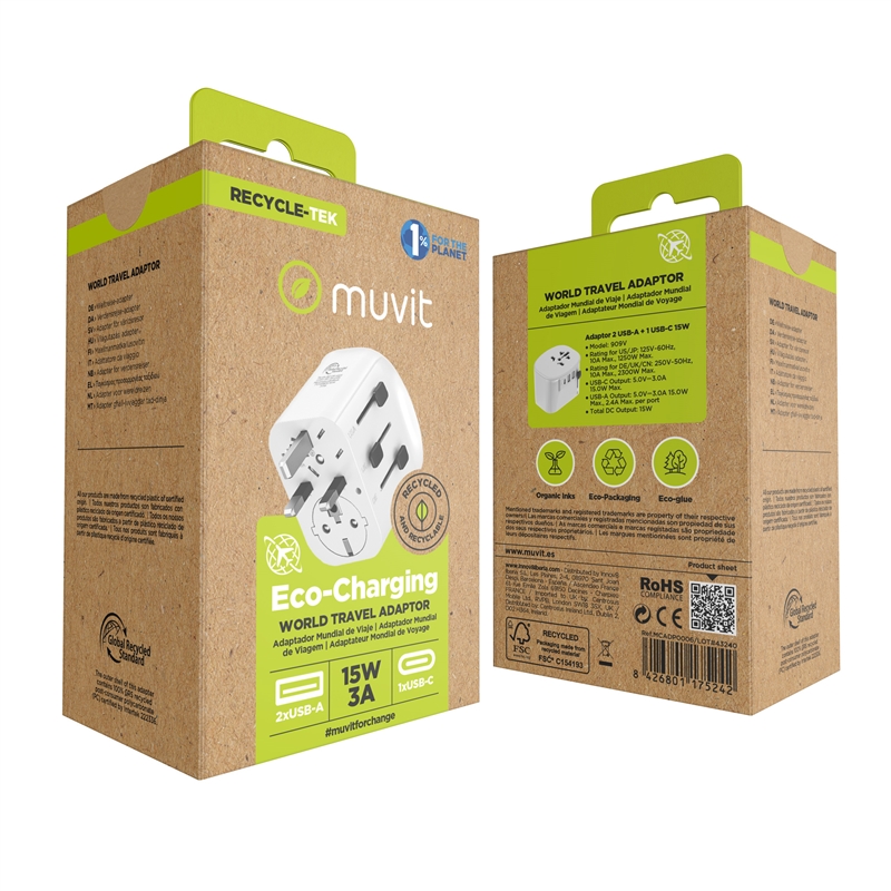 muvit for change adaptador Universal de viaje 2 USB-A + USB-C 15W