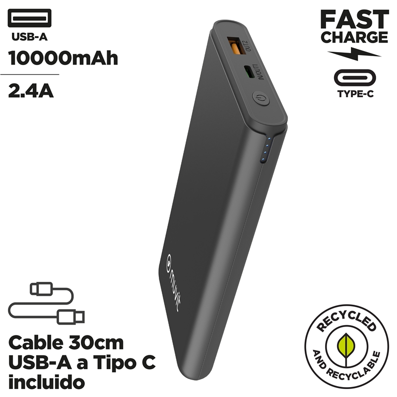 muvit for change power bank 10000 mAh USB A 2,4A + USB C /  Output (USB A+type C) black