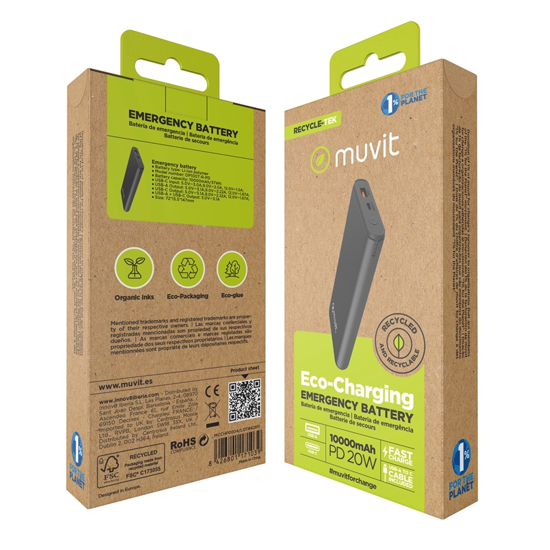 muvit for change power bank 10000 mAh USB A 2,4A + USB C /  Output (USB A+type C) black