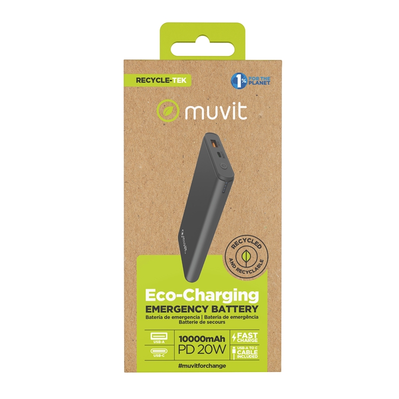 muvit for change power bank 10000 mAh USB A 2,4A + USB C /  Output (USB A+type C) black