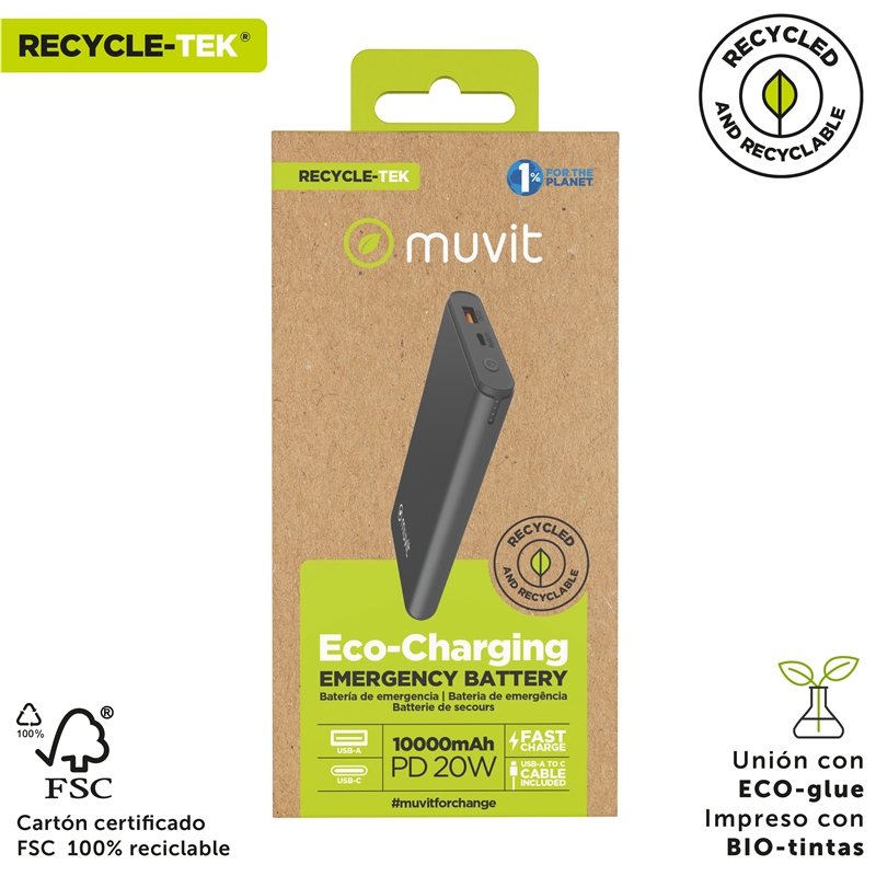 muvit for change power bank 10000 mAh USB A 2,4A + USB C /  Output (USB A+type C) black