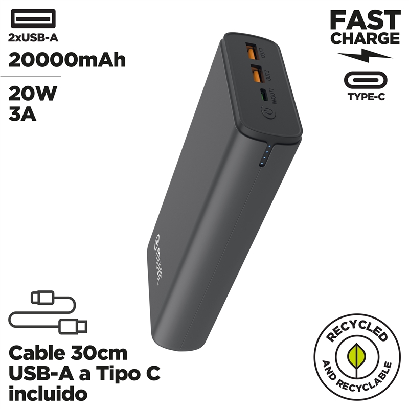 muvit for change power bank 20000 mAh Dual USB + Dual USB C + Output (USB A+Type C)PD 20w black
