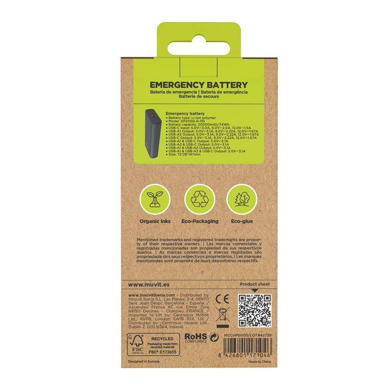 muvit for change power bank 20000 mAh Dual USB + Dual USB C + Output (USB A+Type C)PD 20w black