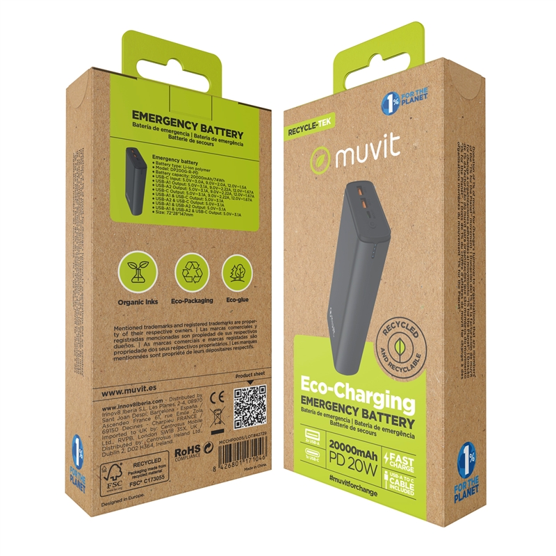 muvit for change power bank 20000 mAh Dual USB + Dual USB C + Output (USB A+Type C)PD 20w black