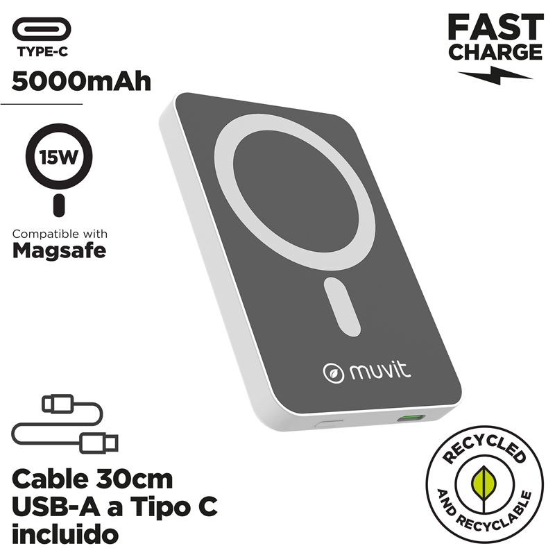 muvit for change power bank 5000 mAh/15W Magsafe + Output   type C white