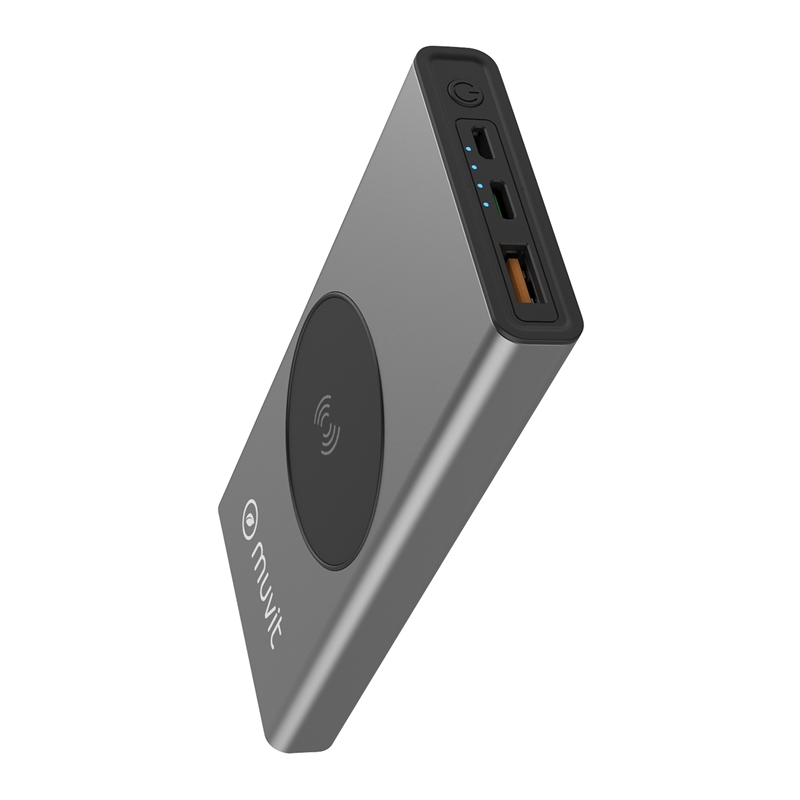 muvit for change power bank 10000 mAh/10W wireless + USB output + type C metalic grey