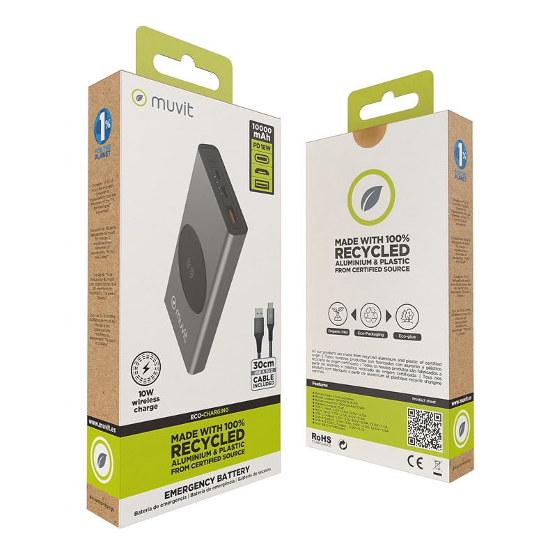 muvit for change power bank 10000 mAh/10W wireless + USB output + type C metalic grey