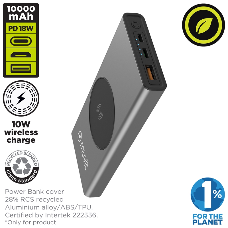 muvit for change power bank 10000 mAh/10W wireless + USB output + type C metalic grey