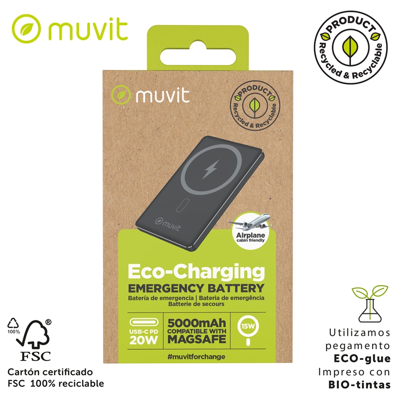muvit for change power bank Aluminio 5000mAh Magsafe 15W + conector Tipo C PD20W negro