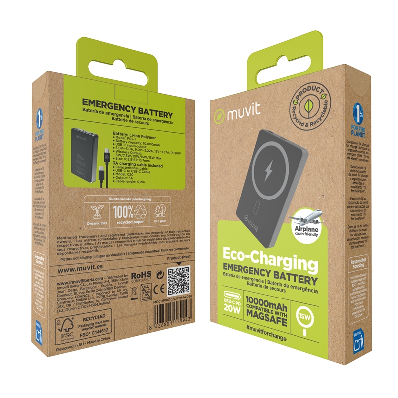 muvit for change power bank Aluminio 10000mAh Magsafe 15W + conector Tipo C PD20W negro