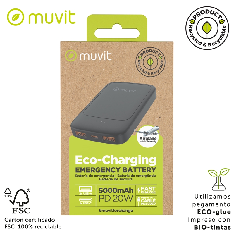 muvit for change power bank 5000mAh 2 USB-A + USB-C PD20W black