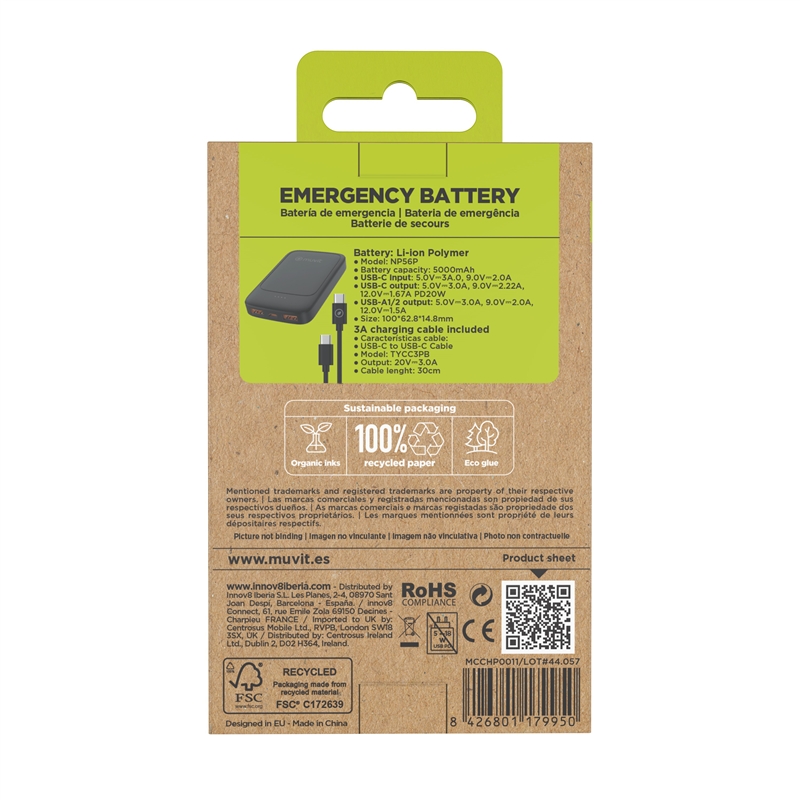 muvit for change power bank 5000mAh 2 USB-A + USB-C PD20W black