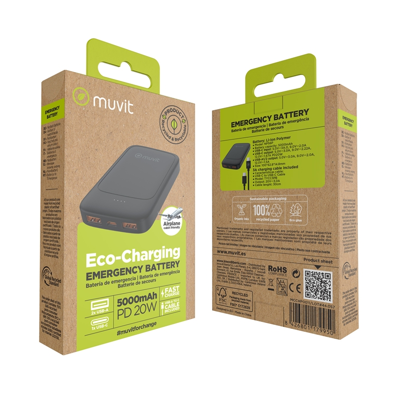 muvit for change power bank 5000mAh 2 USB-A + USB-C PD20W black