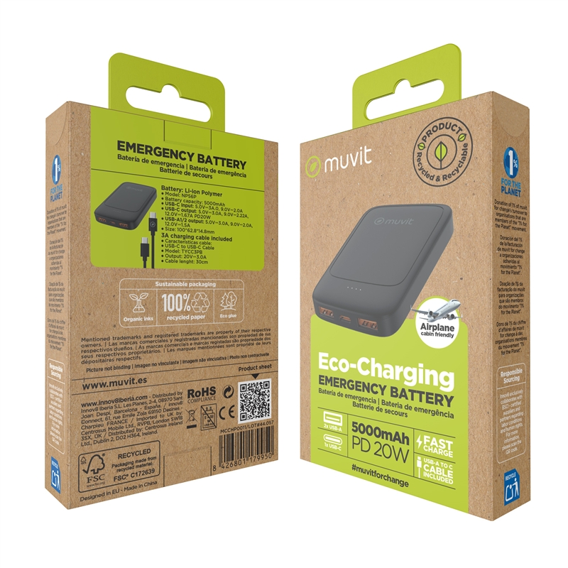 muvit for change power bank 5000mAh 2 USB-A + USB-C PD20W black