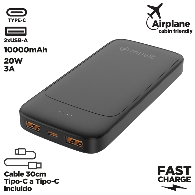 muvit for change power bank 10000mAh 2 USB-A + USB-C PD20W black