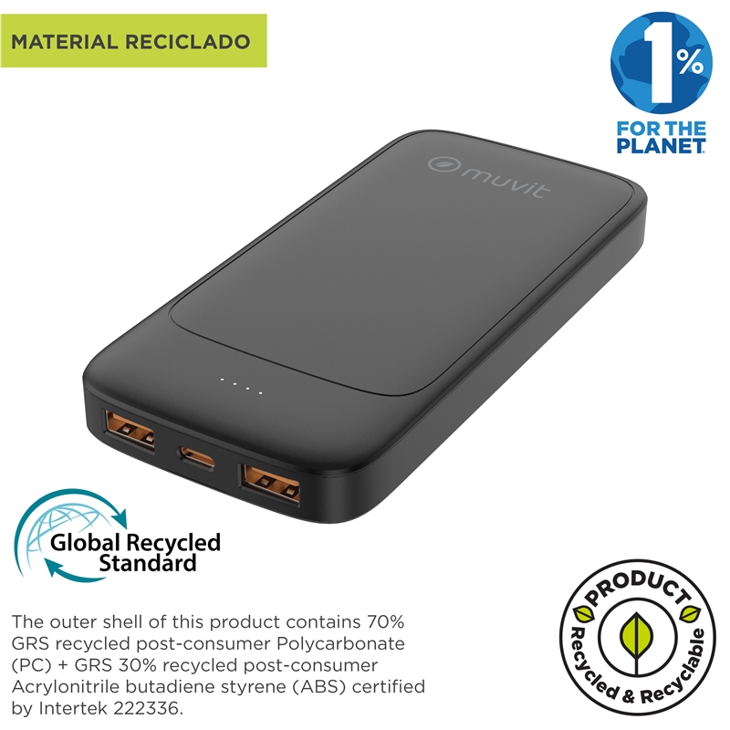 muvit for change power bank 10000mAh 2 USB-A + USB-C PD20W black