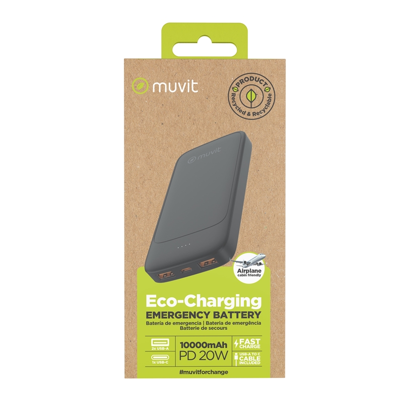 muvit for change power bank 10000mAh 2 USB-A + USB-C PD20W black